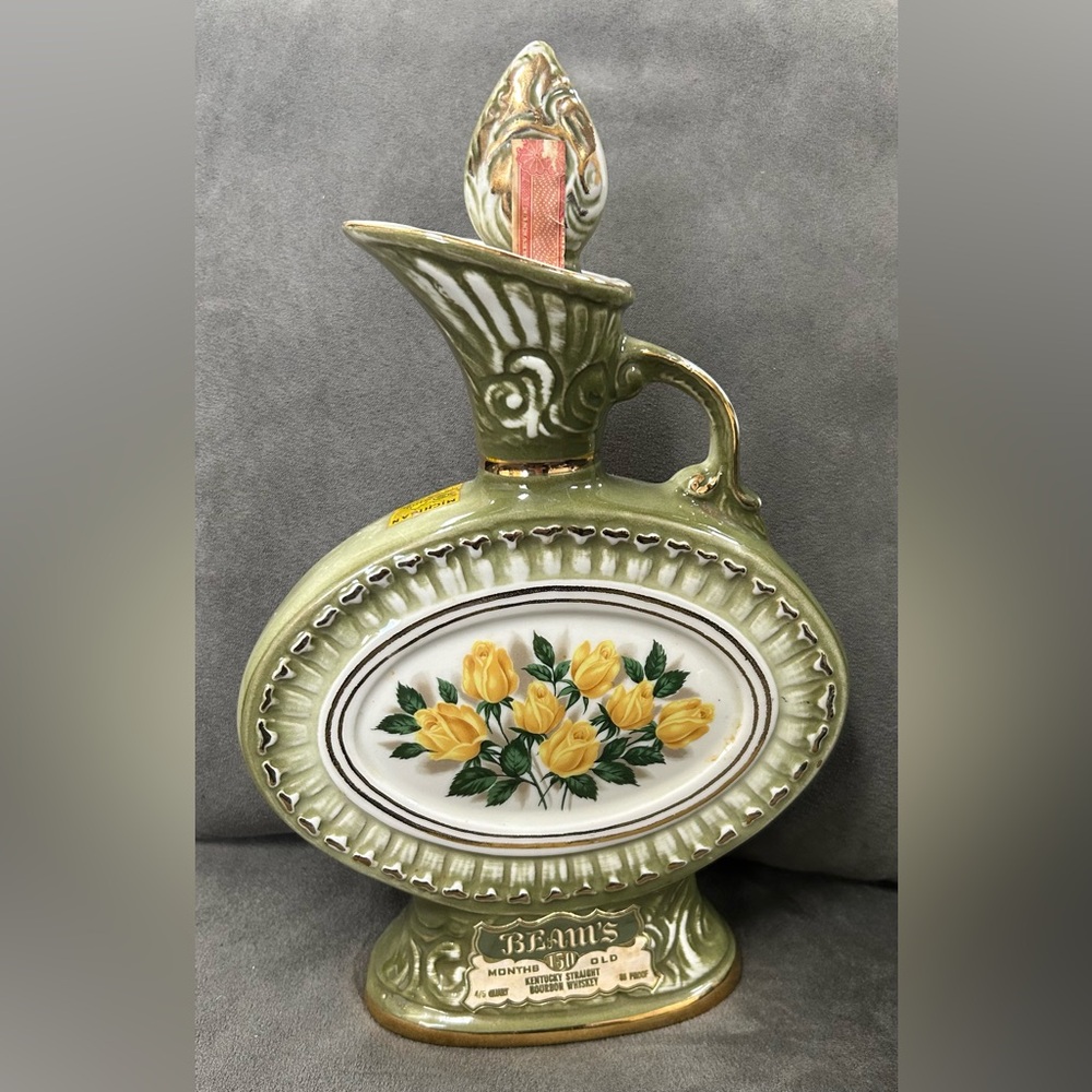 Vintage Jim Beam Ceramic Light Green and Gold Whiskey Decanter 1969